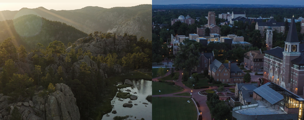 Splitscreen of DU campus and Kennedy Mountain campus